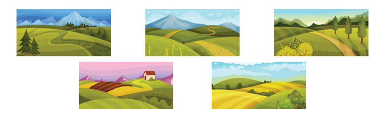 Green Summer Landscape with Field, Hills and Mountains Vector Set