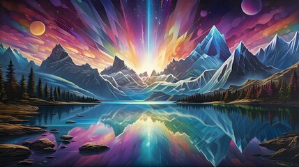  a painting of mountains and a lake with a colorful sky.  generative ai