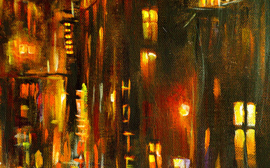 Abstract background with night city . Acrylic painting, hand drawing. Colored strokes with a brush. For backgrounds, posters, prints, designs. - 666771380
