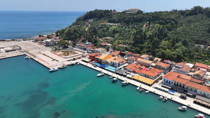 Fototapeta na wymiar Aerial drone photo of small picturesque seaside village of Katakolo known for cruise liner anchorage and tourist transfer to Peloponnese ancient sites, Ilia prefecture, Greece