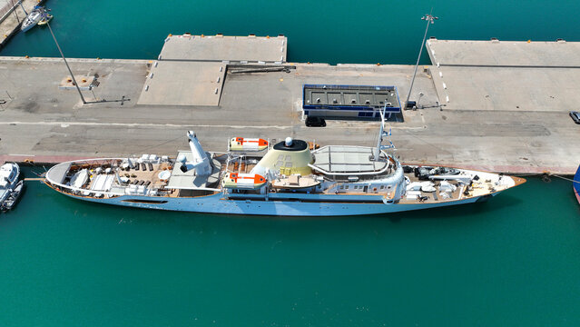 Aerial drone top down photo of renovated "Christine O", famous yacht owned by tycoon Aristotle Onassis anchored in port