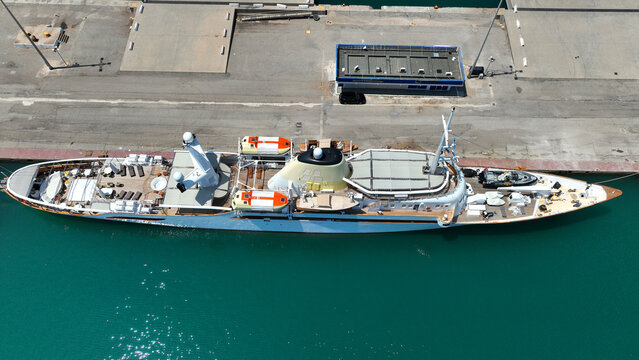 Aerial drone top down photo of renovated "Christine O", famous yacht owned by tycoon Aristotle Onassis anchored in port