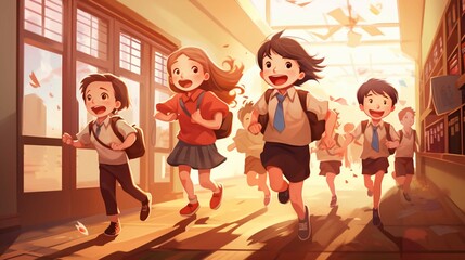 School kids running in elementary school hallway