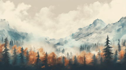 A serene landscape painting of a mountainous forest