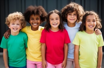 Five children, of different races, wearing colorful T-shirts, smiling and looking at the camera