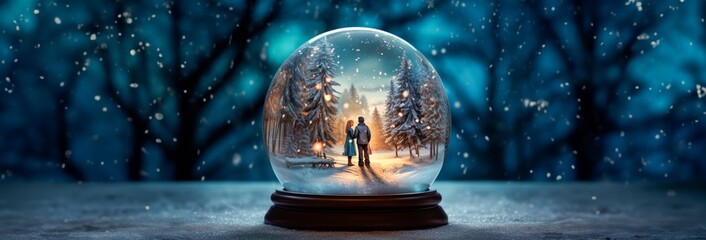 Merry Christmas snow globe a couple , with trees , snowy houses  and  Christmas decorations .winter background,  Christmas concept, copy space for text,  - obrazy, fototapety, plakaty