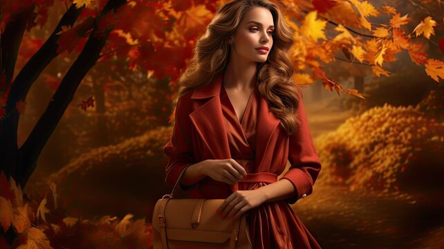 fall fashion pieces with a backdrop of striking autumn elements in a clear and realistic style.
