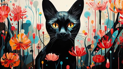  a painting of a black cat with yellow eyes surrounded by flowers.  generative ai - obrazy, fototapety, plakaty