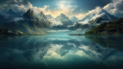 Fotobehang  a painting of a mountain range with a lake in the foreground.  generative ai © Olga