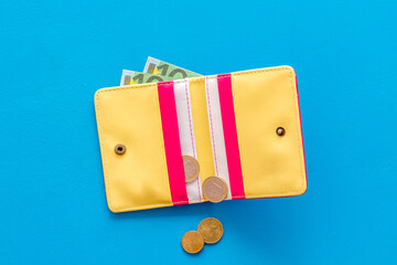 Wallet with cash Euro and coins. Counting money, economy