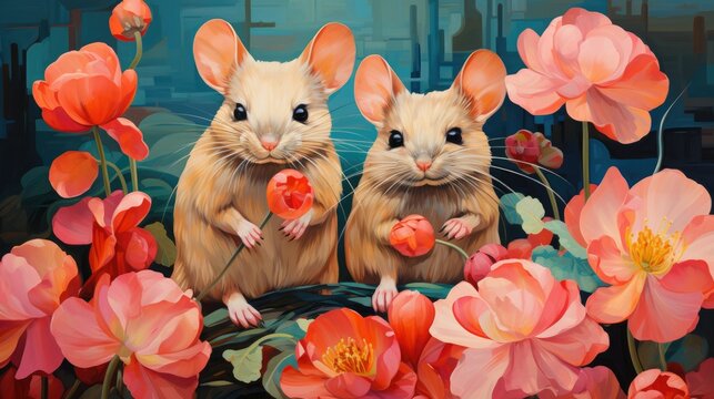  a painting of two mice sitting in a field of flowers.  generative ai