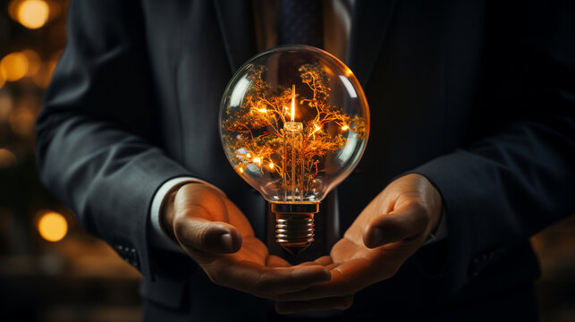 hand of businessman holding light bulb in dark office. innovation and inspiration concept