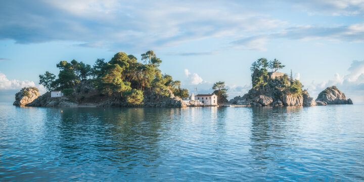 view of church on an island parga greece 