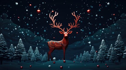 a realistic red and green reindeer pattern, including Christmas trees and snow, set against a dark blue background.