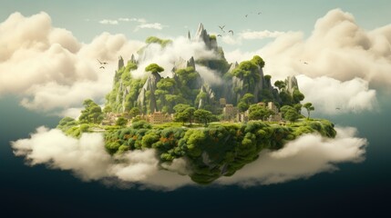 a small island in the middle of the clouds with a castle on top.  generative ai