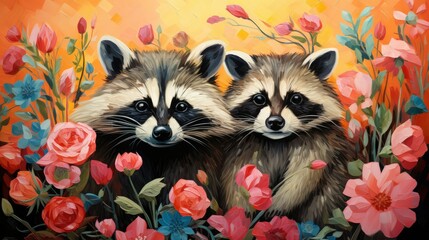  a painting of two raccoons in a field of flowers.  generative ai