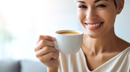 blonde woman drinking coffee holding a cup in the front of her face