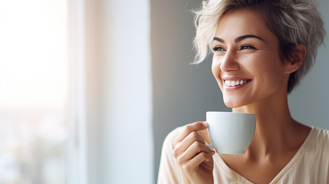 blonde woman drinking coffee holding a cup in the front of her face