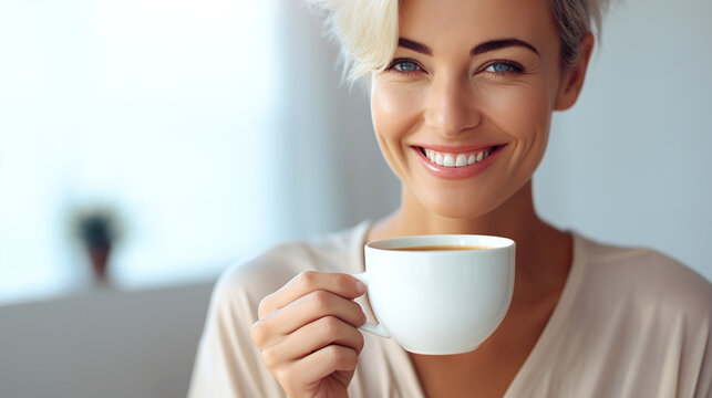 blonde woman drinking coffee holding a cup in the front of her face