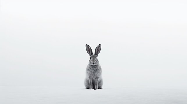  a black and white photo of a rabbit in the snow.  generative ai