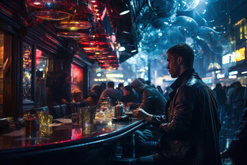 A group of people sitting at a bar in the rain at night.
