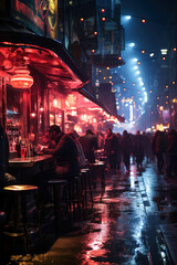 A group of people sitting at a bar in the rain at night.