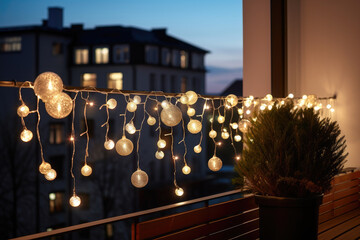 Festive balcony decoration for Christmas and New Year. Close up of Christmas decoration balls and garland of lights in balcony of modern residential apartment building - obrazy, fototapety, plakaty