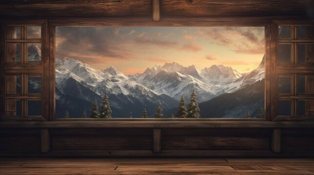  a painting of a window with a view of a mountain range.  generative ai