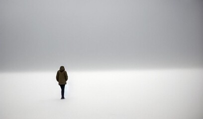 silhouette of a person, alone, standing in a vast empty and white space, isolation, vastness, loneliness - obrazy, fototapety, plakaty