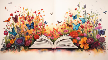 open book with colorful butterflies flying out