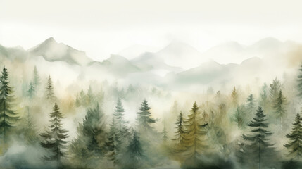 A serene landscape painting of a majestic forest with towering mountains in the distance