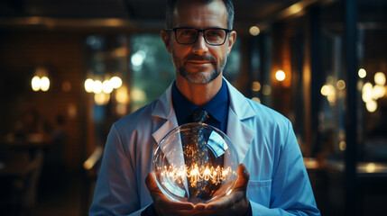 close up view of a male scientist in a protective suit holding a glass flask in a laboratory