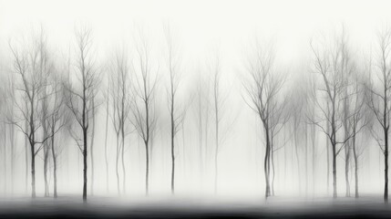  a black and white photo of trees in a foggy forest.  generative ai