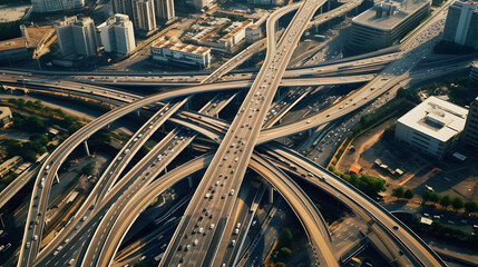 Aerial shot of a complex city interchange roads weaving an intricate design. - obrazy, fototapety, plakaty