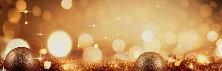 golden christmas baubles background banner with shiny bokeh and copy space