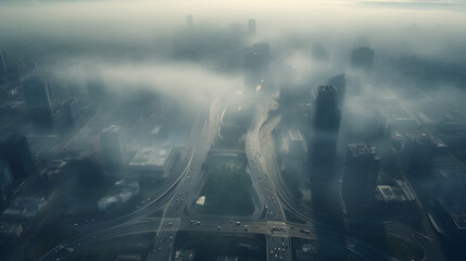 An aerial view of a city intersection with smog hovering low obscuring the view.