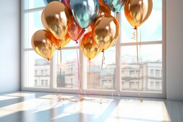 Group of shiny balloons on white background with window reflections. Generative AI