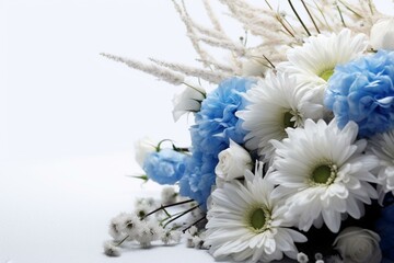 Sadness funeral white background blue flowers. Generative AI - obrazy, fototapety, plakaty