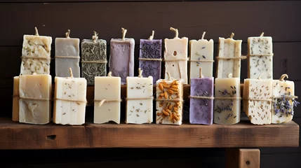 Foto op Canvas An array of homemade soap bars in lavender and oatmeal varieties drying on a wooden rack. © Finn