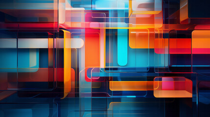 A vibrant geometric composition filled with colorful squares and rectangles