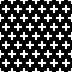 Repeated white figures and lines on black background. Crosses wallpaper. Seamless surface pattern design with polygons. Mosaic motif. Digital paper for page fills, web designing, textile print. Vector
