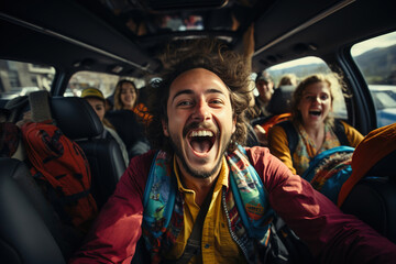joyful group of friends enjoying a car ride together.