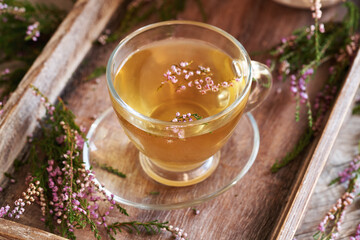 Heather tea on a wooden tray