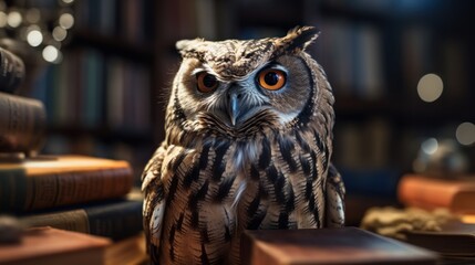 Owl sitting on a bookshelf with books in the background. Education Concept. Background with a copy space.