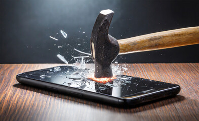 A conceptual image of a hammer hitting the screen of a smartphone.