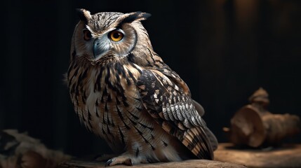 Eurasian Eagle Owl (Bubo bubo) sitting on a log. Education Concept. Background with a copy space.