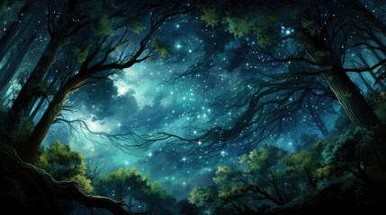  a painting of a night sky with stars and trees in the foreground.  generative ai