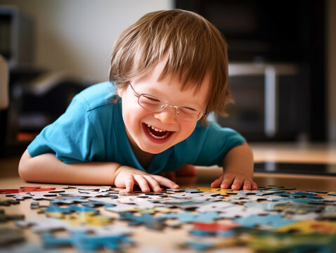 Toddler with down syndrome playing at home.