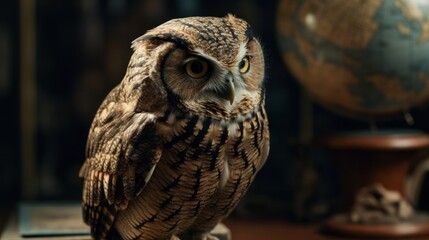 Owl in the Museum. Education Concept. Background with a copy space.