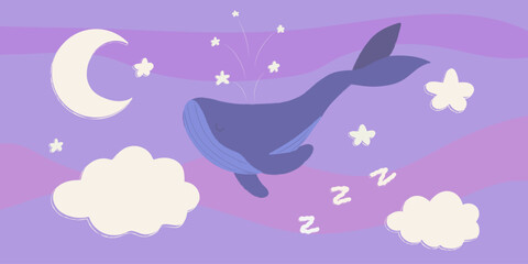 Whale Swimming in the Sky in the Clouds. Sleep Concept. Children's Illustration.